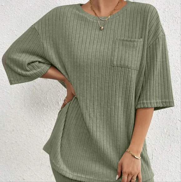Green Ribbed Women's Shorts Set